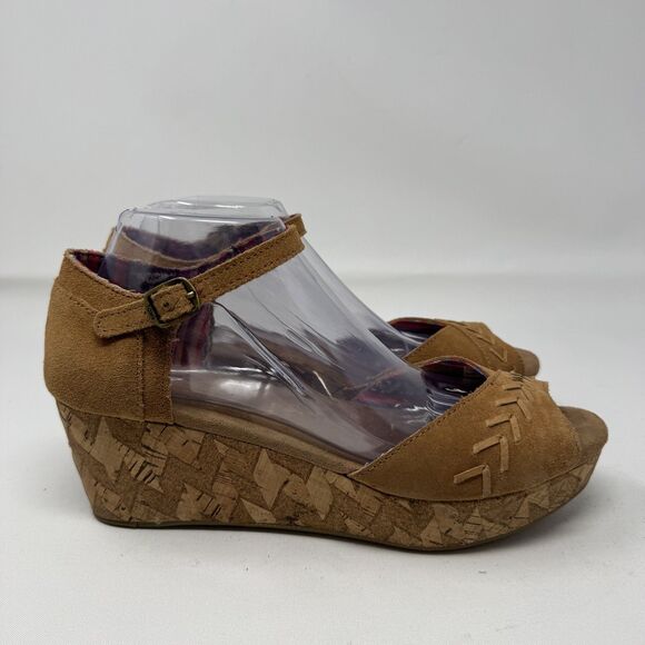 TOMS‎ Shoes Womens Size 10 Wedge Heels Peep Toe Ankle Strap Cork Sandals - Picture 1 of 8